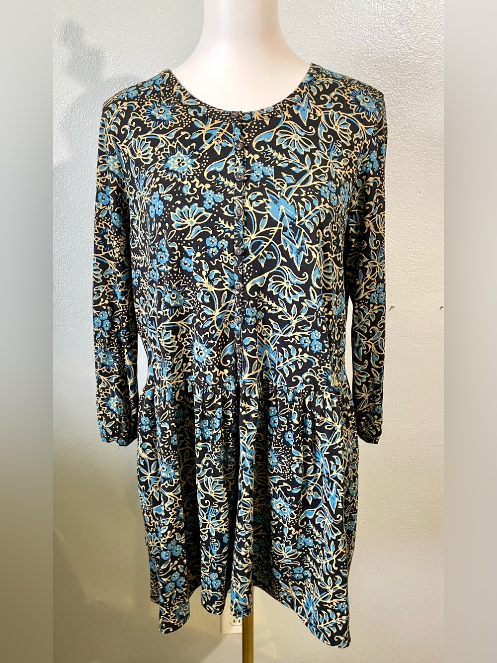 Peruvian Connection Floral Dress Blue Pima Cotton 1/4 Button Long Sleeve Boho Sm